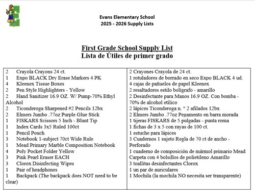 First grade supply List
