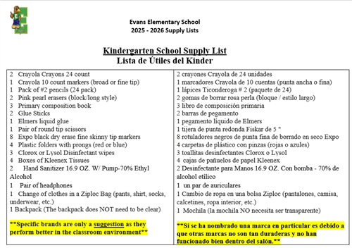 Kindergarten Supply List