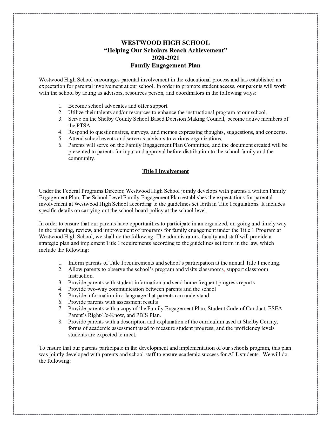 2020-2021 Family Engagement Plan